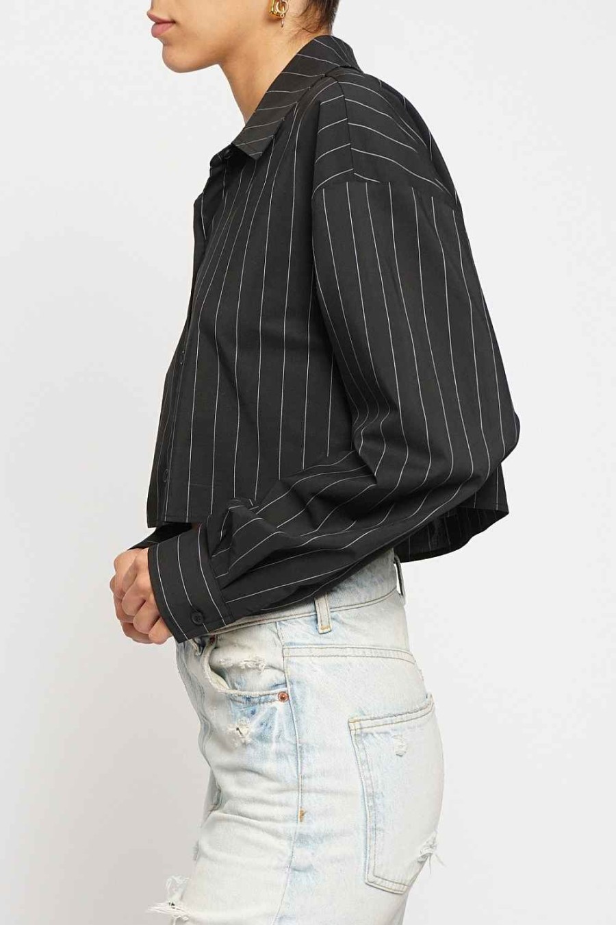 Women Sans Souci Long Sleeve Tops | Pinstripe Poplin Cropped Shirt