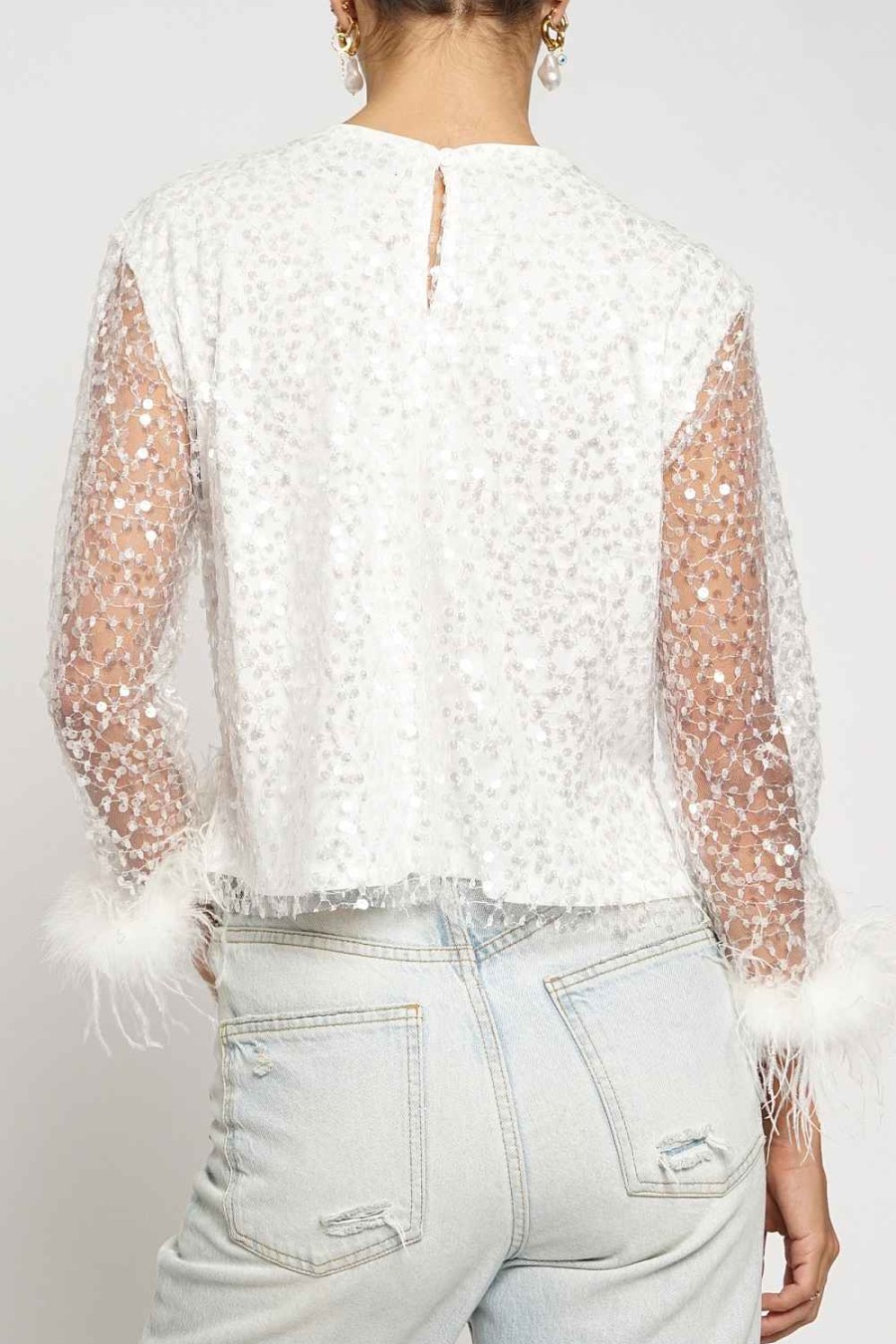 Women Sans Souci Long Sleeve Tops | Sequin Mesh Feather Top