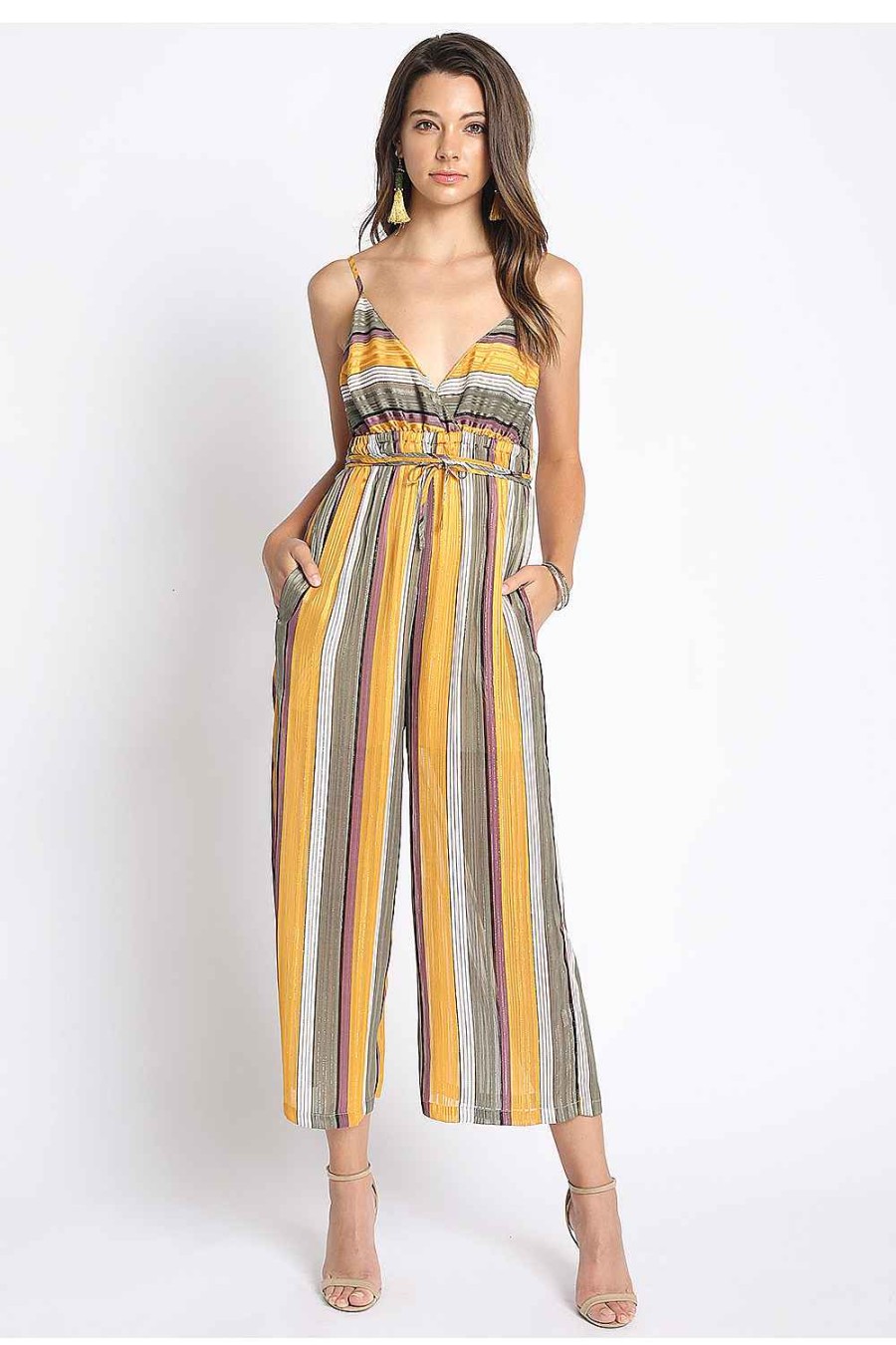 Women Sans Souci Jumpsuits | Woven Stripe Cami Jumpsuit Mustard Combo