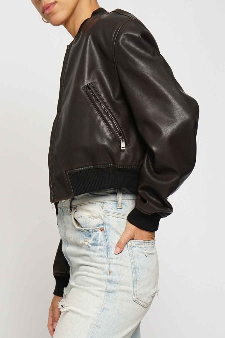 Women Sans Souci Jackets | Washed Pu Bomber Jacket