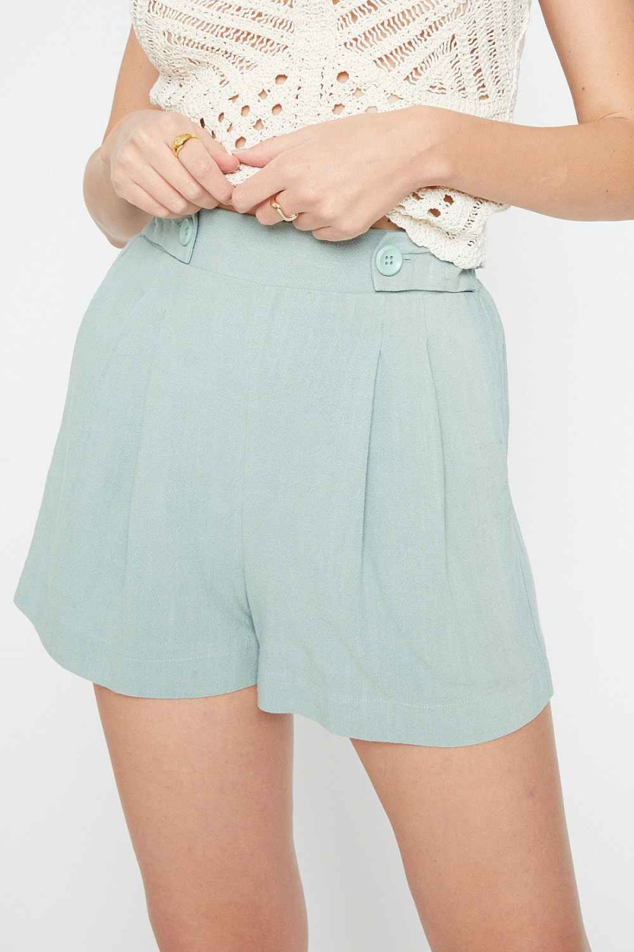 Women Sans Souci High-Waisted | Button Tab Linen Shorts Green