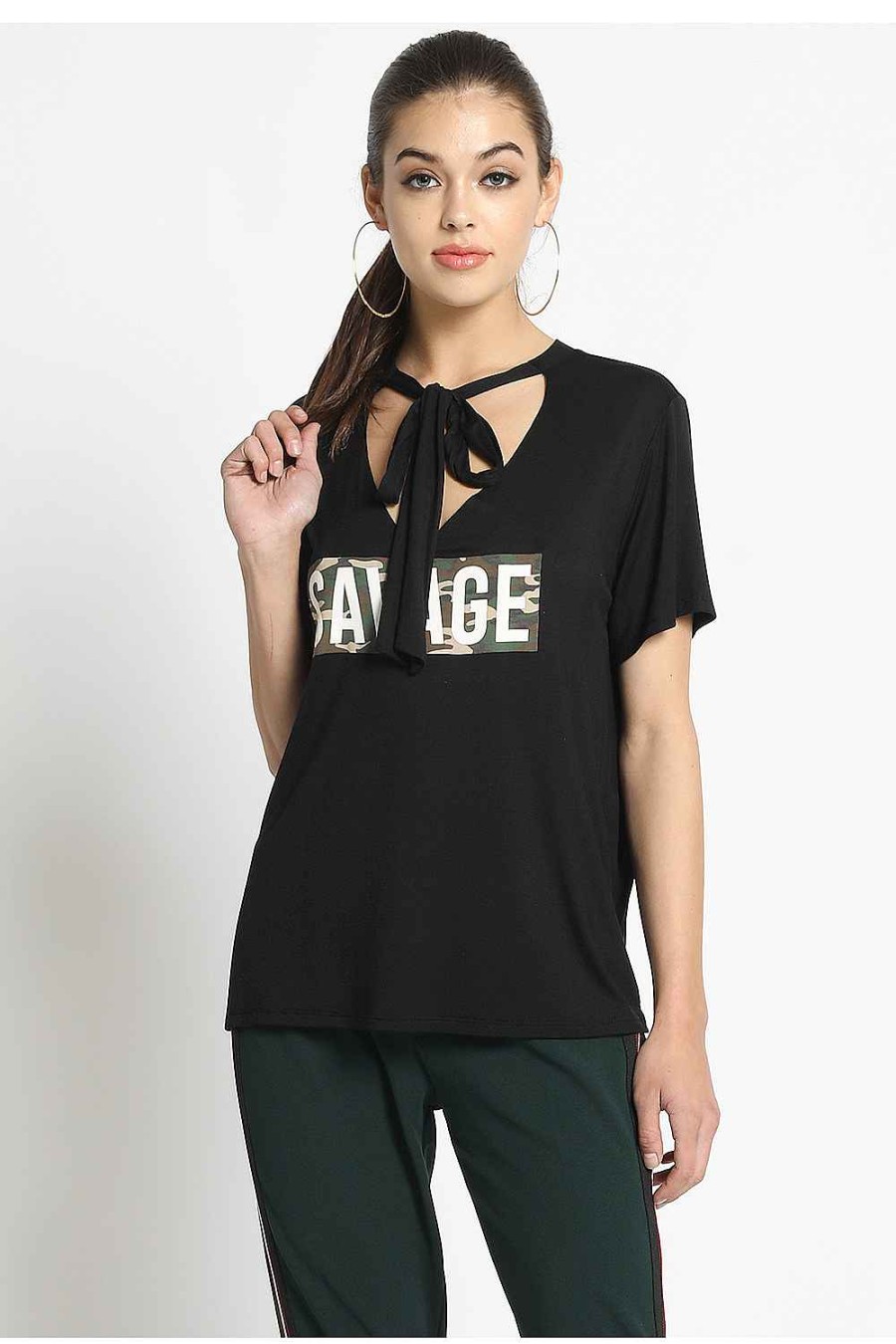 Women Sans Souci Short Sleeve Tops | Graphic Print Tee With Tie Neck