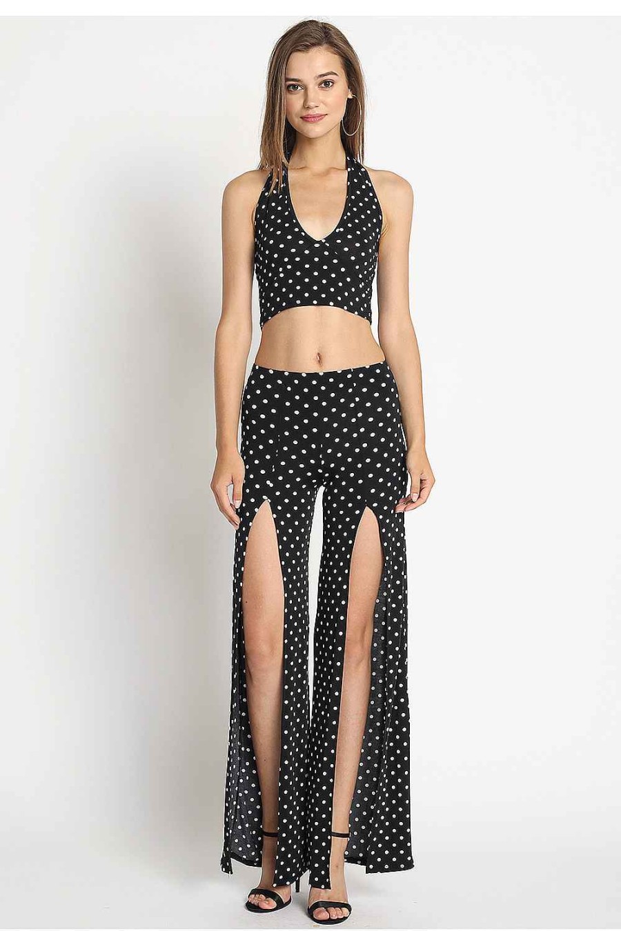 Women Sans Souci Tank Tops | Polka Dot Knit Halter Top Blk Wht