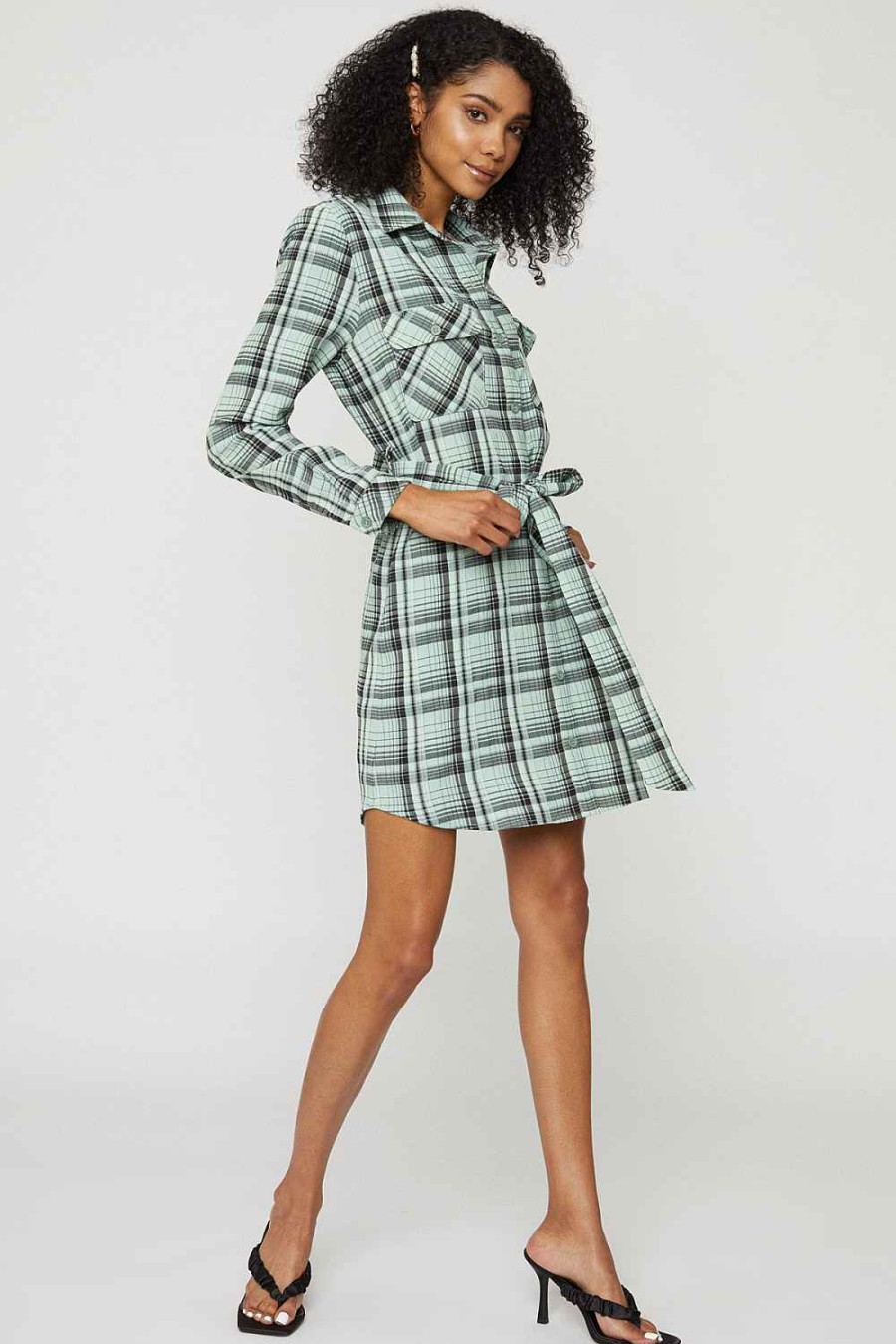 Women Sans Souci Midi Dresses | Belted Plaid Shirt Dress