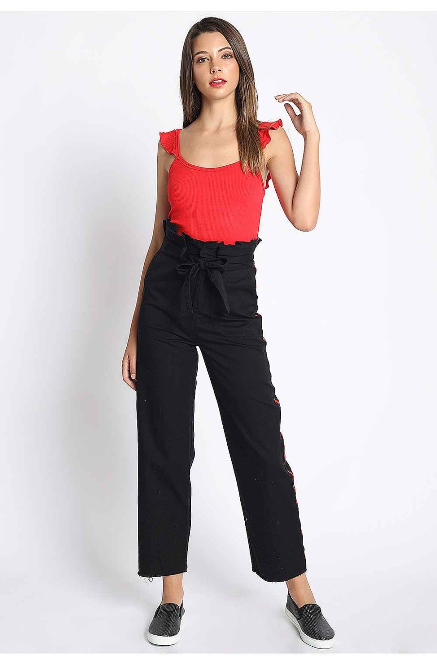 Women Sans Souci High-Waisted | Paper Bag Side Stripe Pants Black