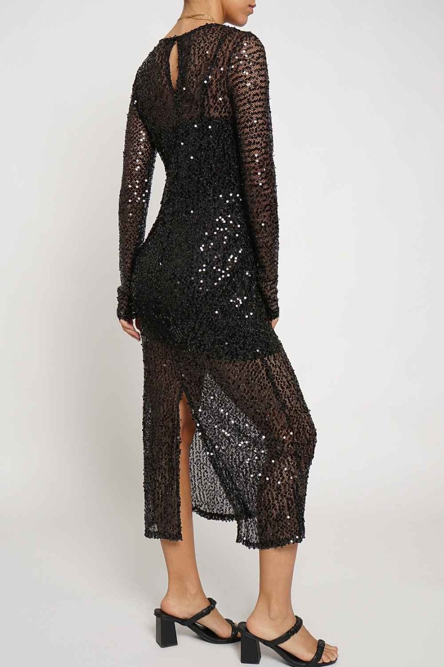 Women Sans Souci Midi Dresses | Lined Sequin Long Sleeve Dress Black