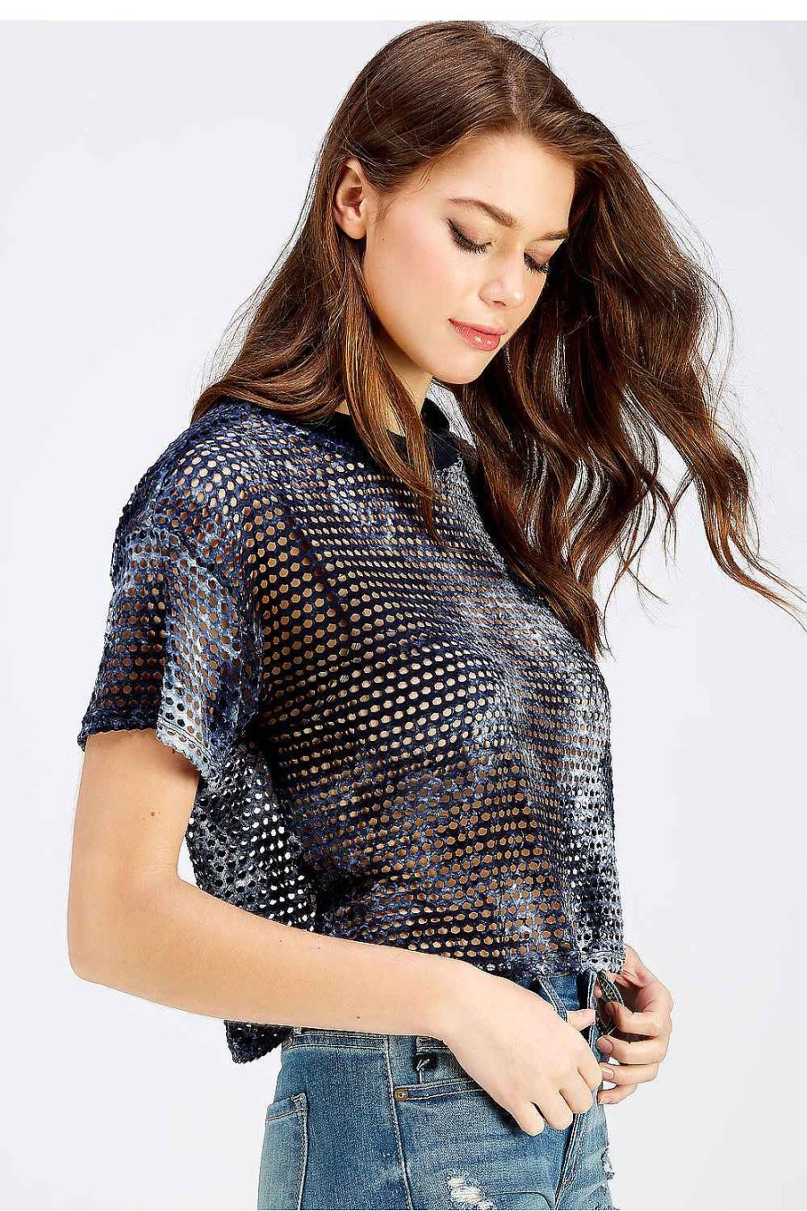 Women Sans Souci Short Sleeve Tops | Fishnet Crop Top Navy