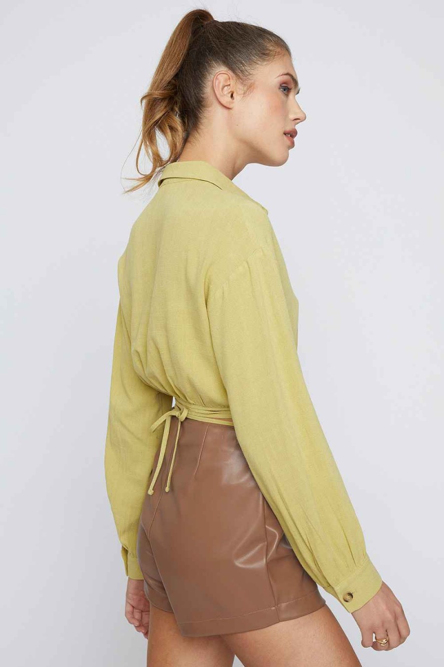 Women Sans Souci Crop Tops | Button Tie Waist Crop Top Chartreuse