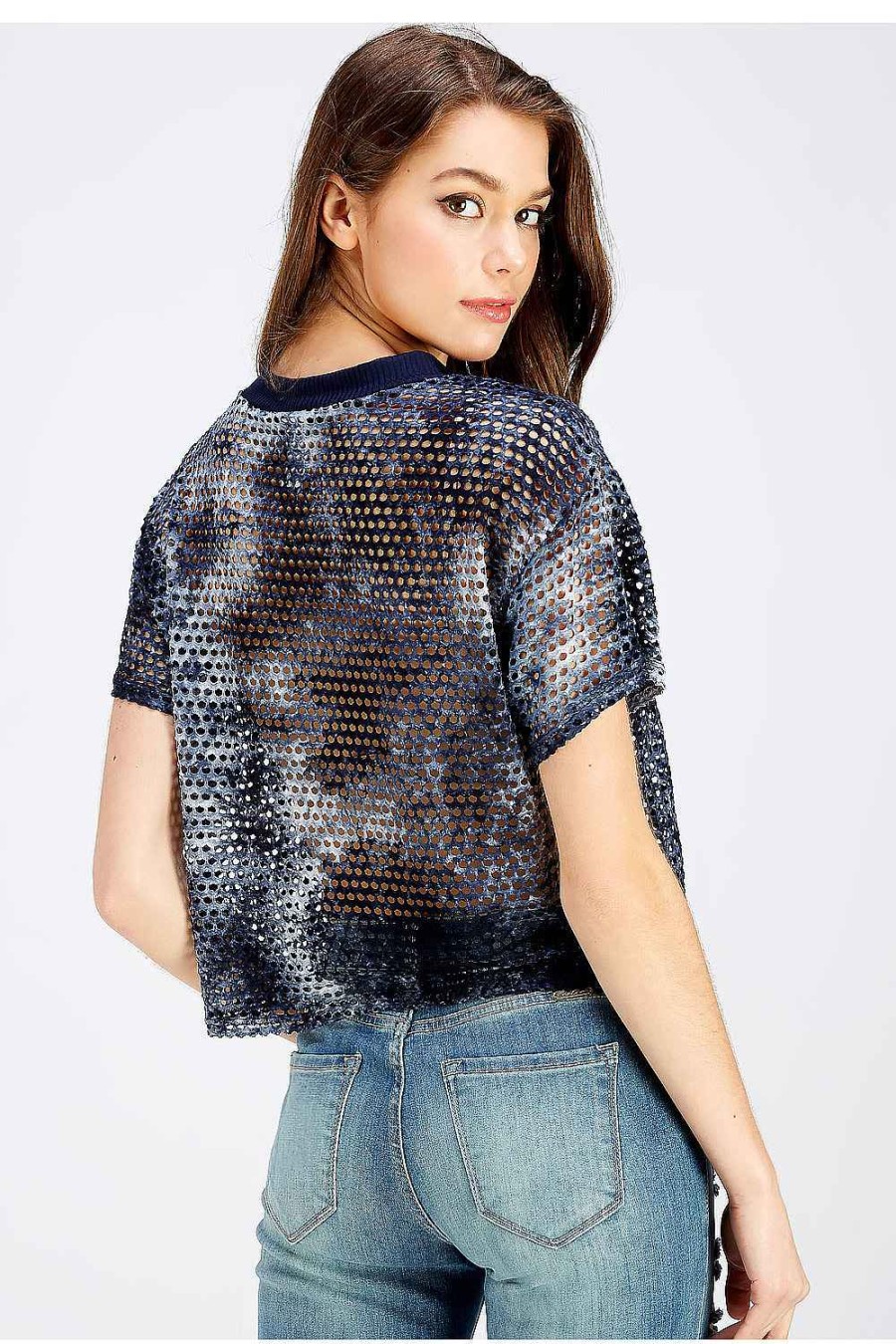 Women Sans Souci Short Sleeve Tops | Fishnet Crop Top Navy