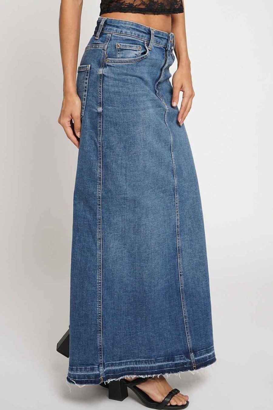 Women Sans Souci Skirts | Back Slit Slim Maxi Skirt Denim