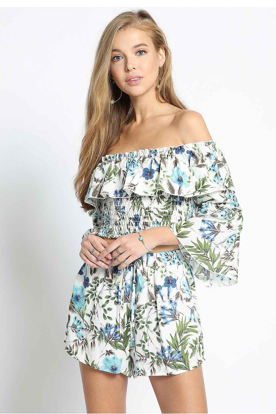 Women Sans Souci Off Shoulder Tops | Ruffle Off Shoulder Top Wht Multi