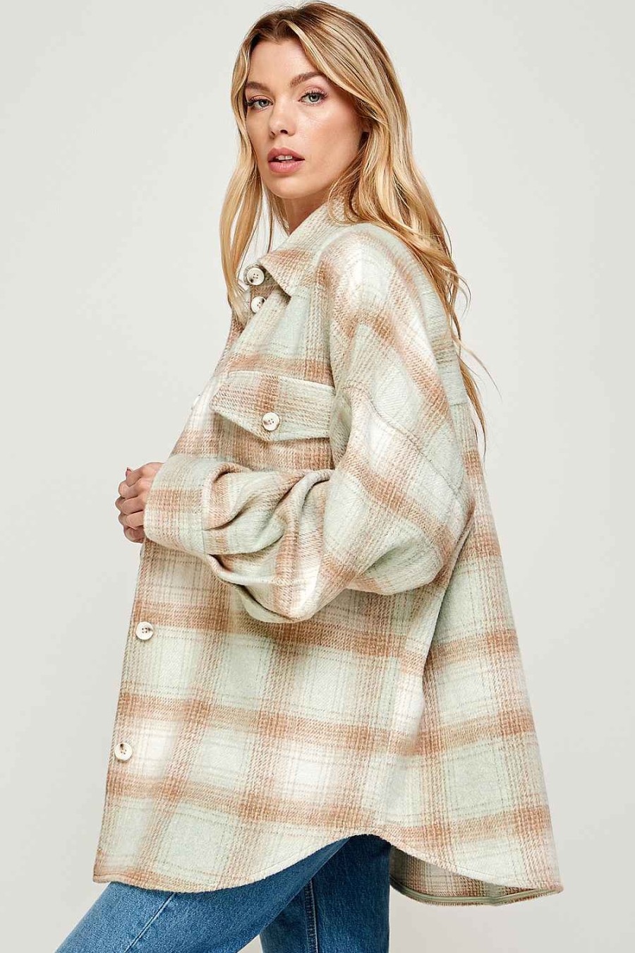 Women Sans Souci Jackets | Brushed Plaid Shacket Sage Beige