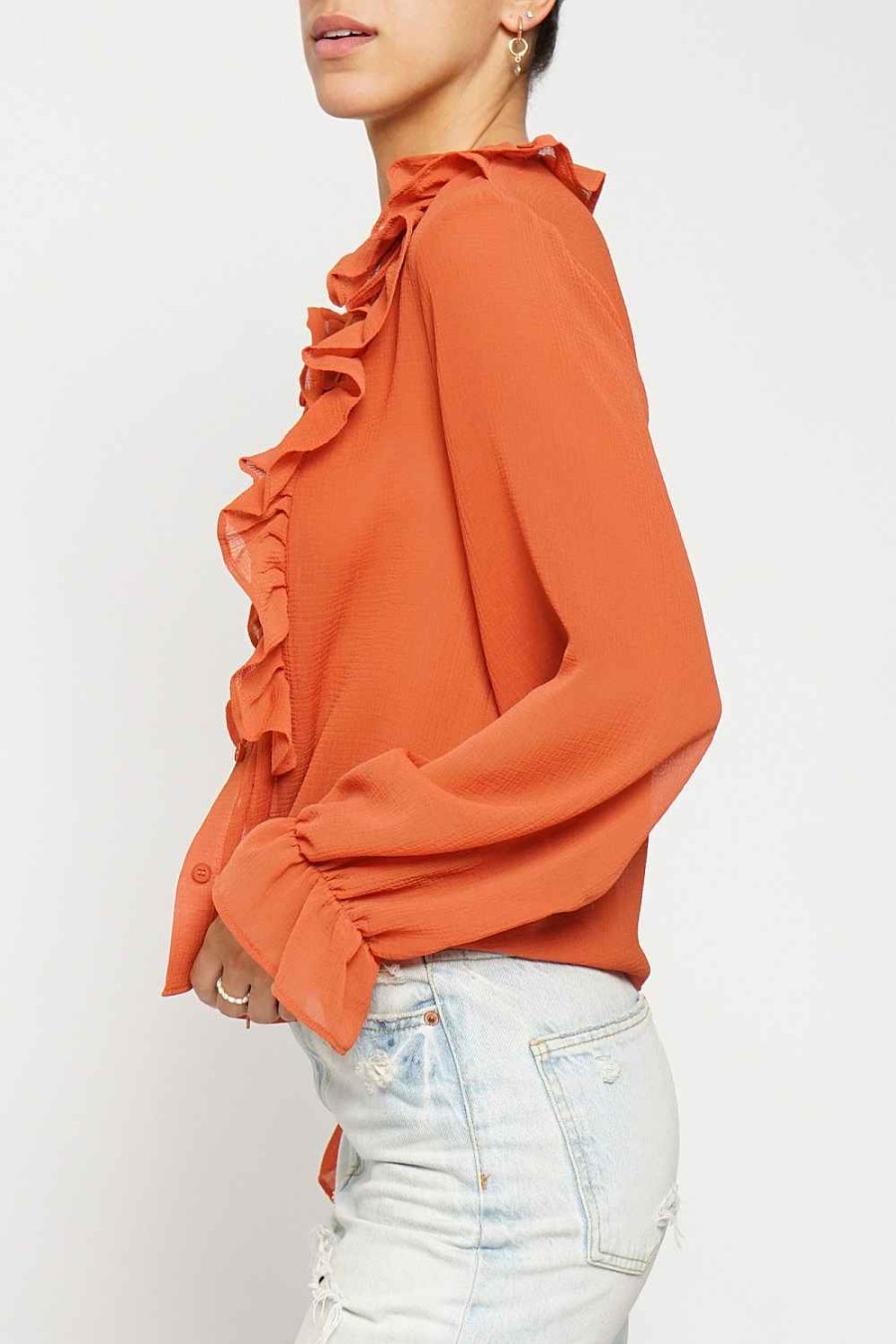 Women Sans Souci Long Sleeve Tops | Ruffled Button Down Blouse