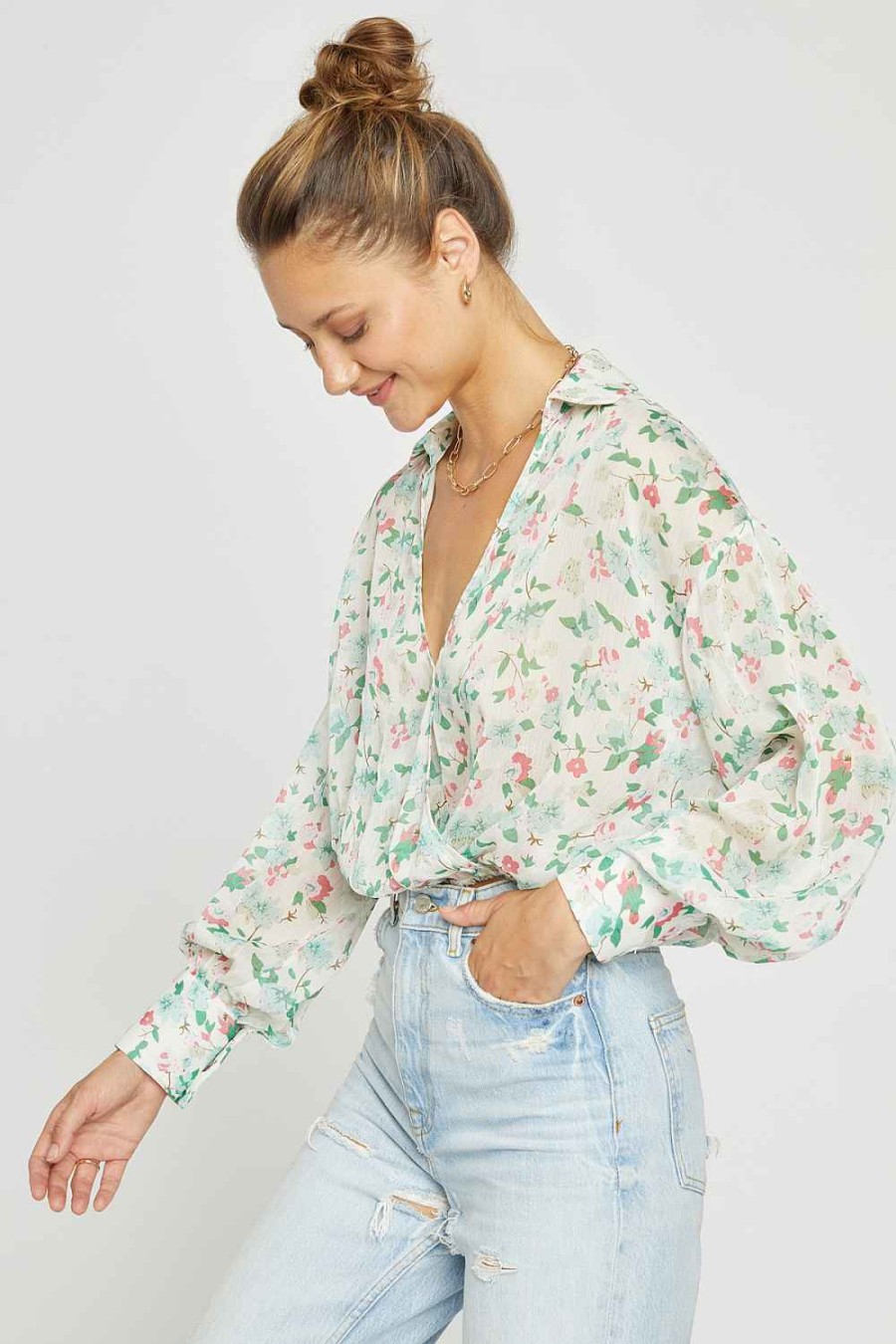 Women Sans Souci Long Sleeve Tops | Sheer Floral Blouse