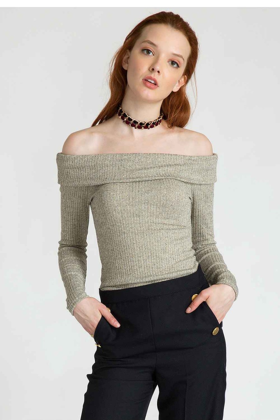 Women Sans Souci Strapless Tops | Metallic Off Shoulder Top Taupe Gold