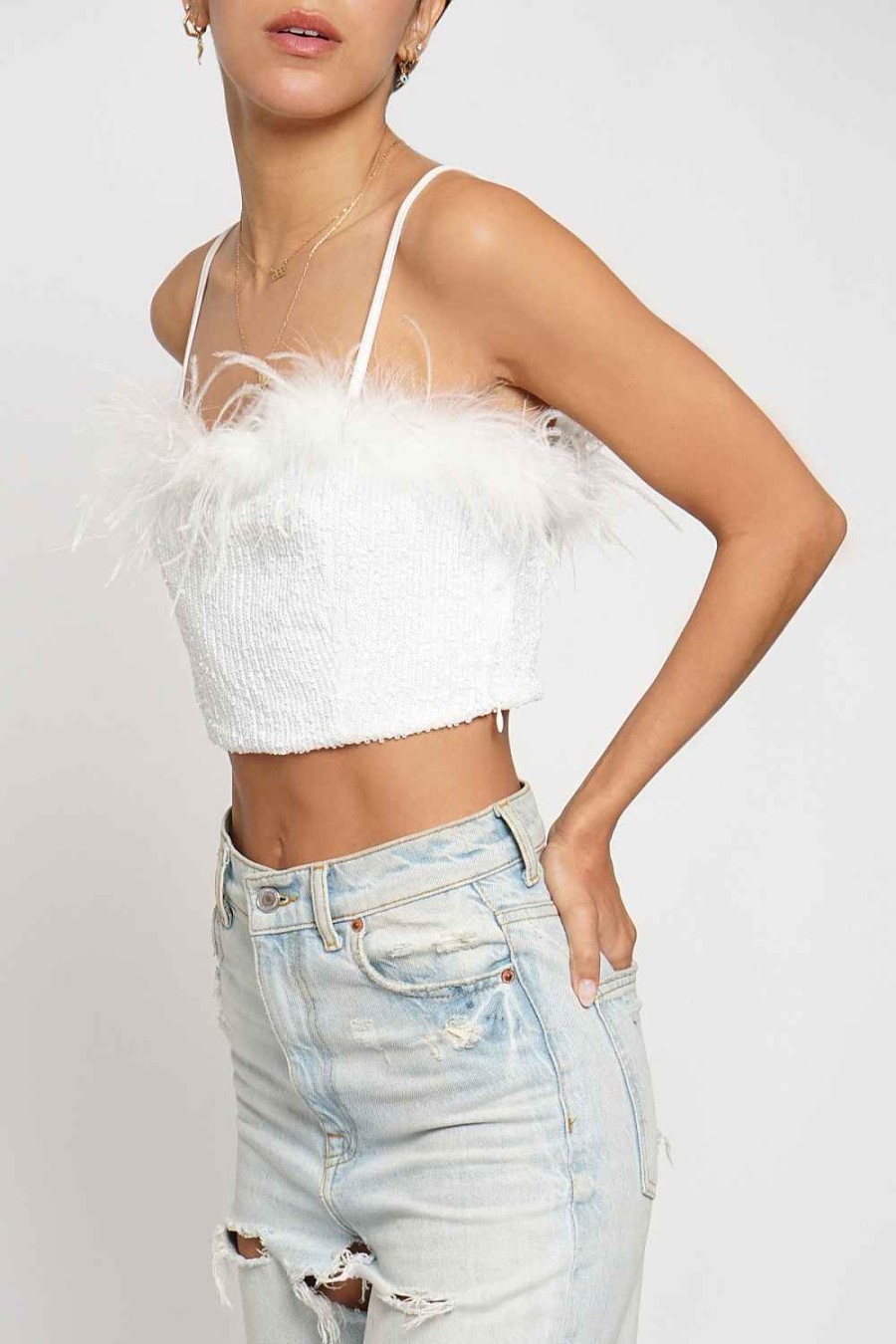 Women Sans Souci Sleeveless Tops | Feather Trim Sequin Top