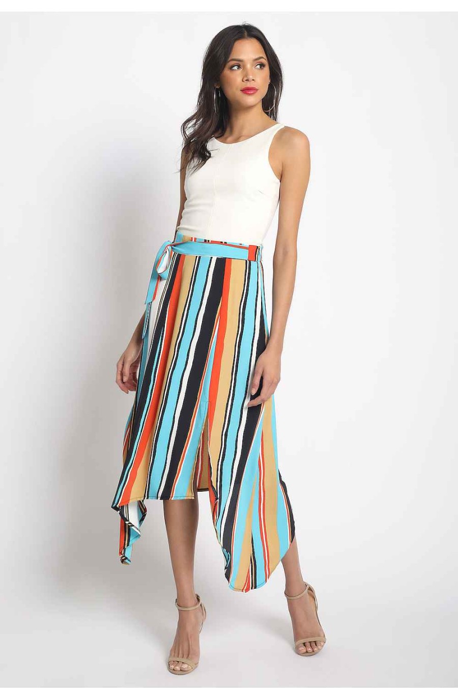 Women Sans Souci Skirts | Asymmetrical Striped Midi Skirt Aqua Orange