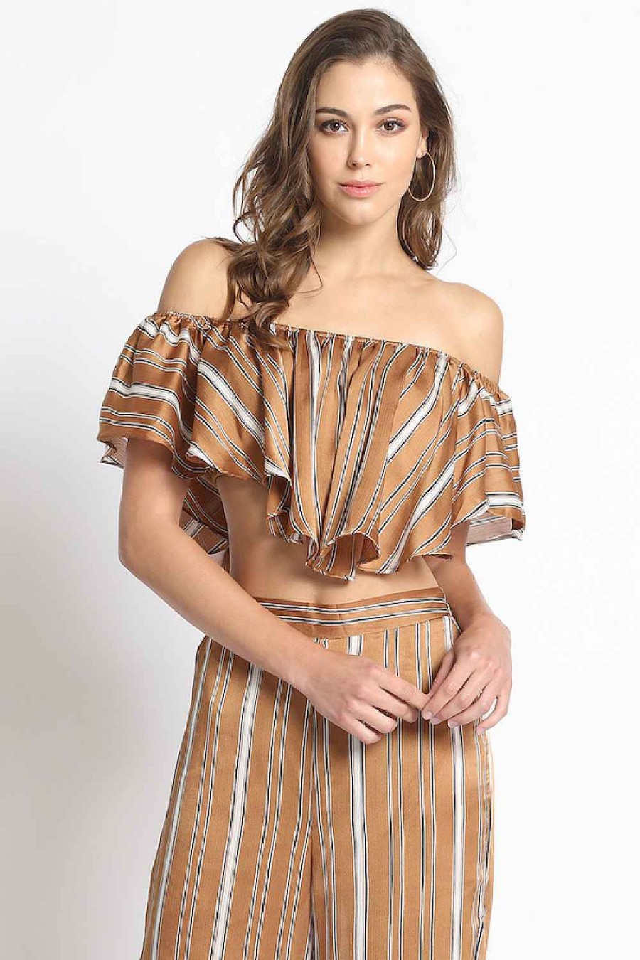 Women Sans Souci Strapless Tops | Ruffle Stripe Off Shoulder Top Taupe