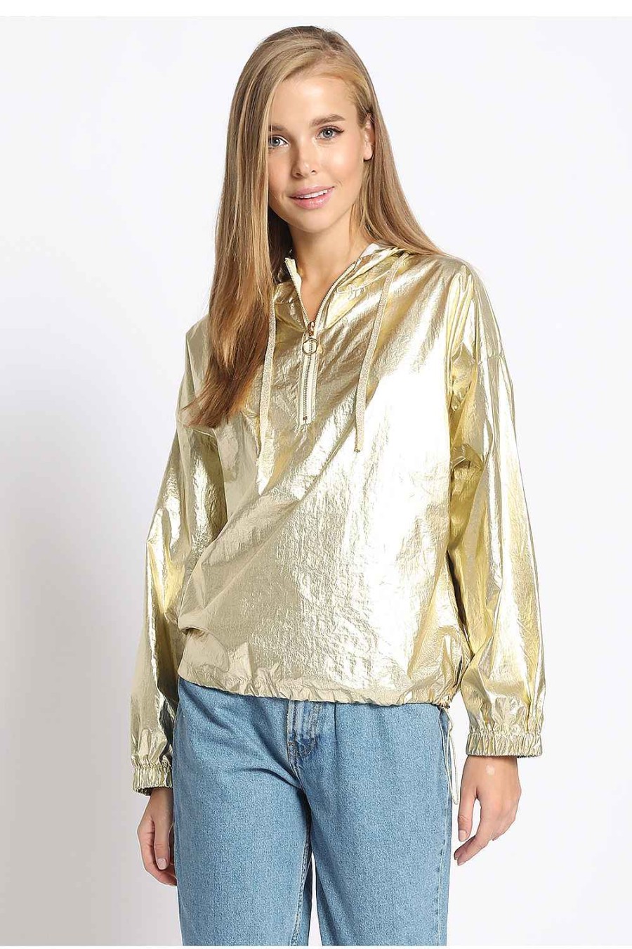 Women Sans Souci Hoodies & Pullovers | Metallic Hoodie Wind Breaker Gold