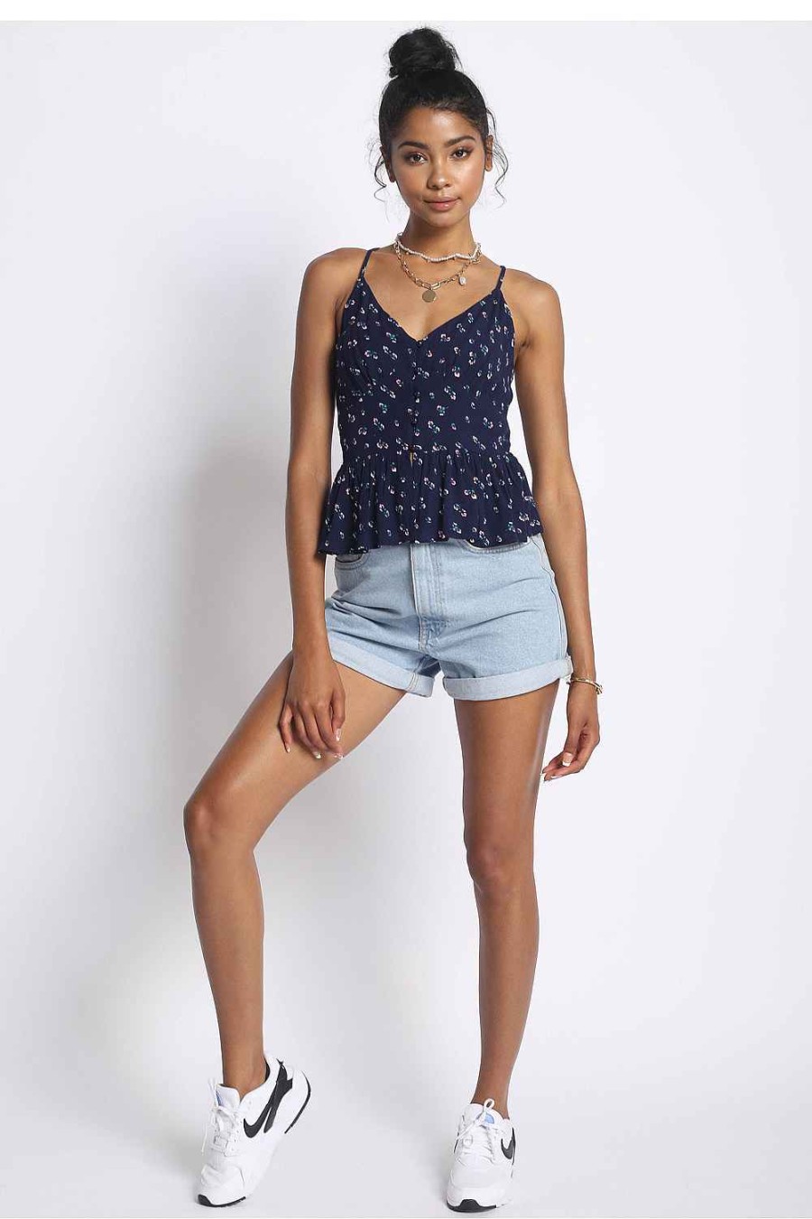 Women Sans Souci Sleeveless Tops | Button Up Ruffle Cami