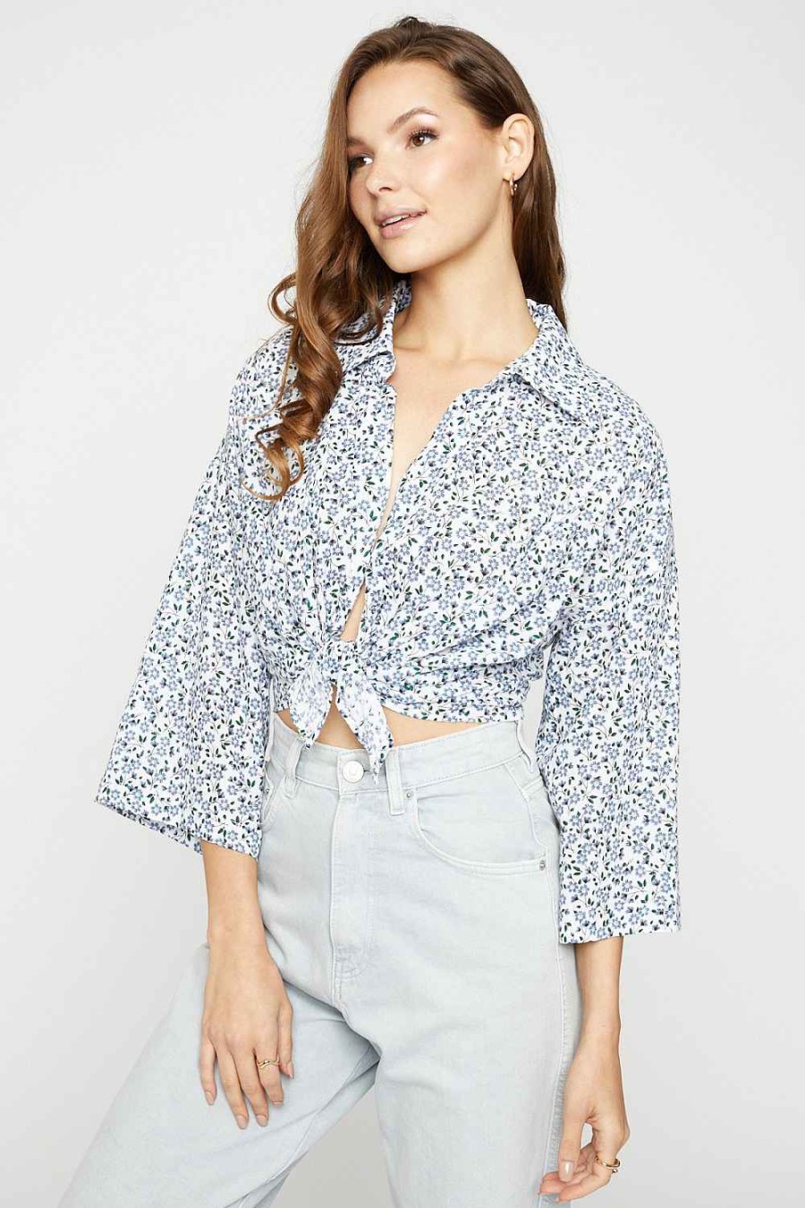 Women Sans Souci 3/4 Sleeve Tops | Tie Front Floral Top White