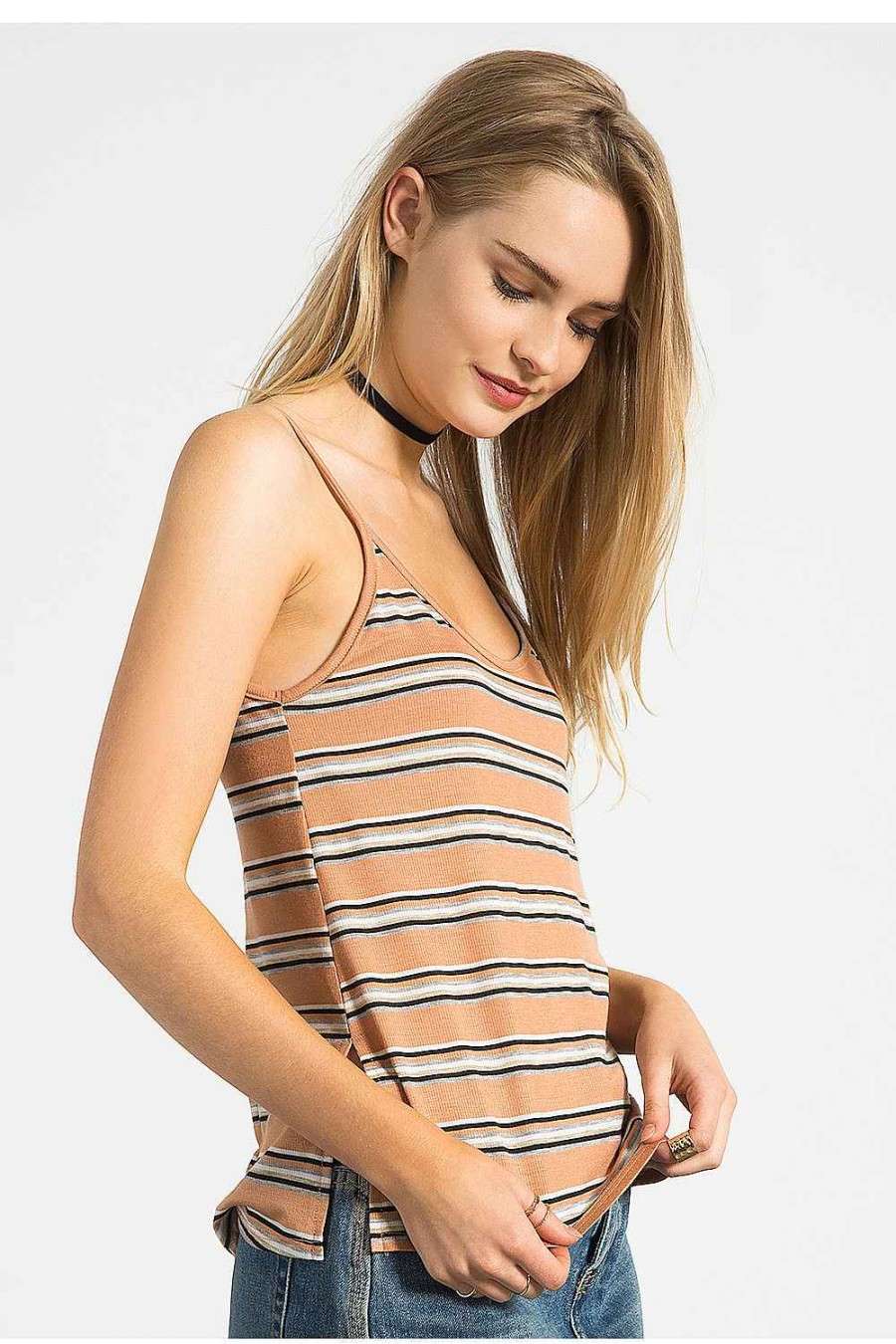 Women Sans Souci Tank Tops | Striped Spaghetti Strap Tank Top Peach