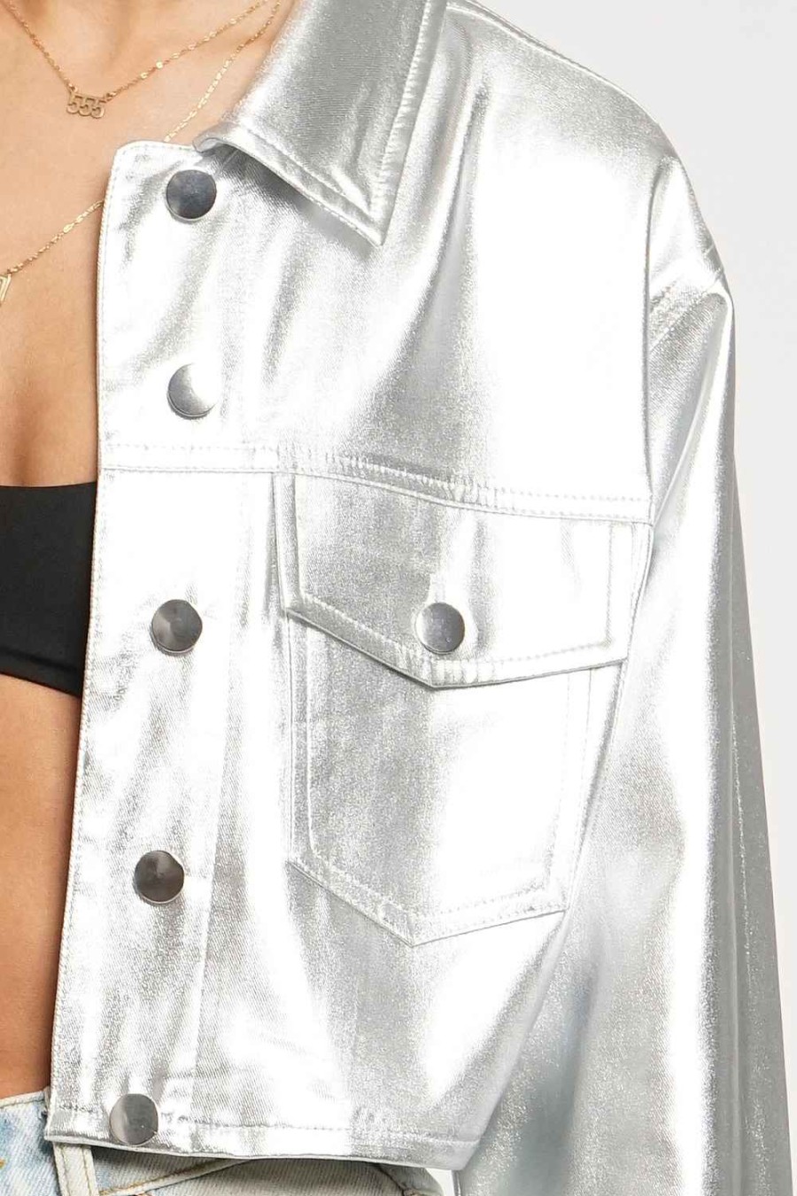 Women Sans Souci Jackets | Metallic Cropped Trucker Jacket Silver