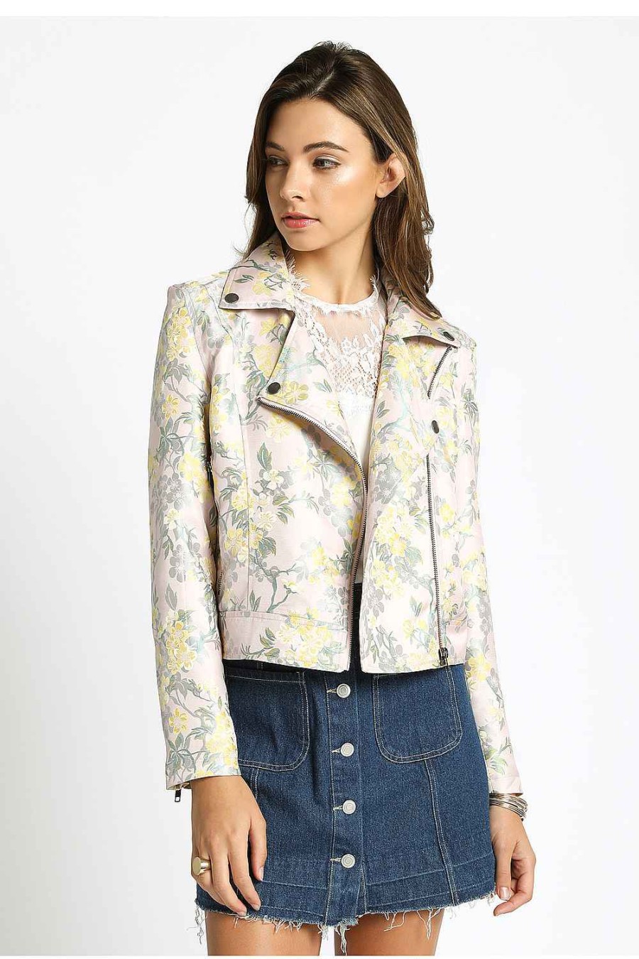 Women Sans Souci Jackets | Floral Brocade Moto Jacket Pink