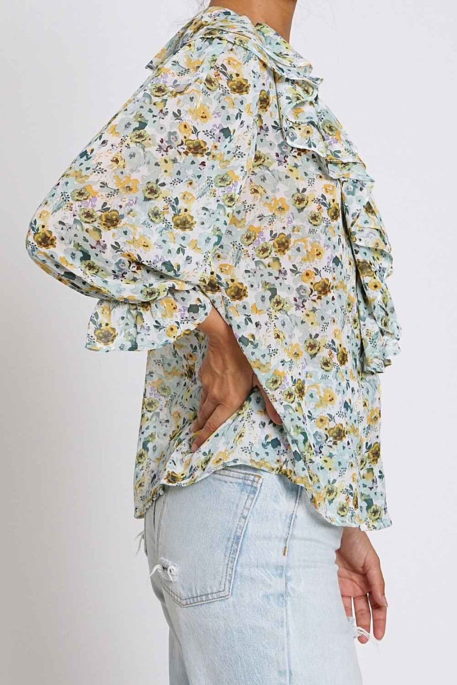 Women Sans Souci 3/4 Sleeve Tops | Floral Print Ruffle Blouse