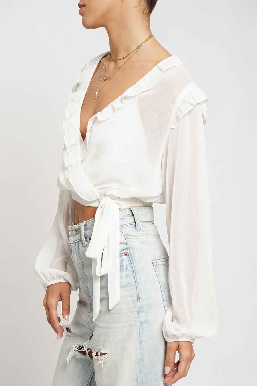 Women Sans Souci Long Sleeve Tops | Ruffle Wrap Long Sleeve Crop Blouse