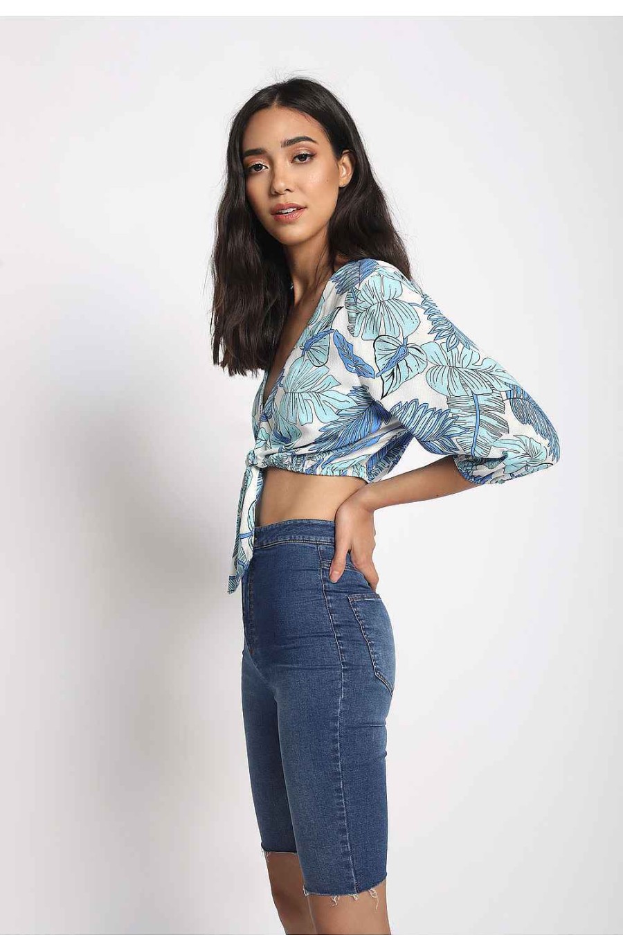 Women Sans Souci 3/4 Sleeve Tops | Palm Print Crop Top Blue Combo