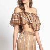 Women Sans Souci Short Sleeve Tops | Ruffle Stripe Off Shoulder Top Taupe