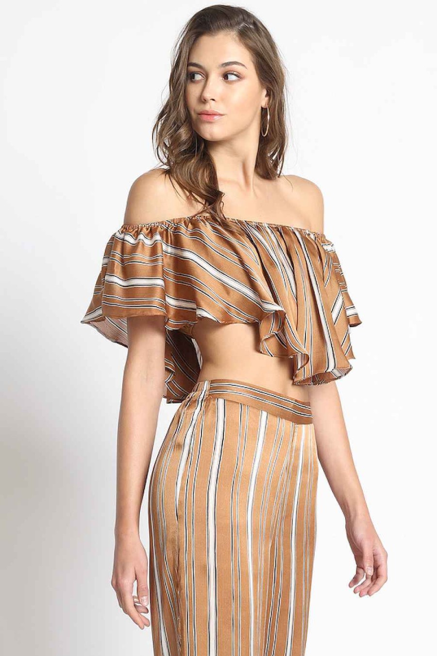 Women Sans Souci Short Sleeve Tops | Ruffle Stripe Off Shoulder Top Taupe