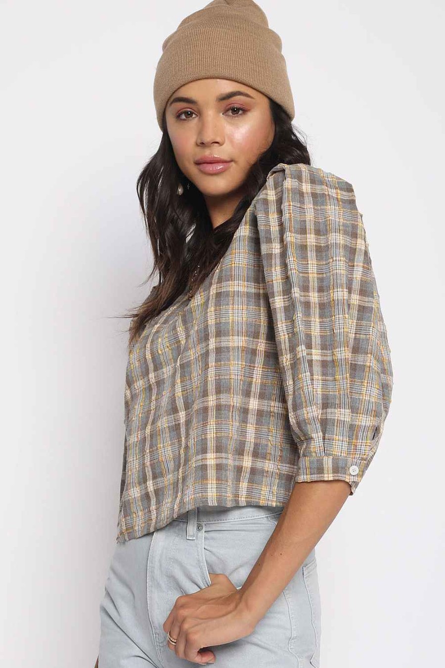 Women Sans Souci 3/4 Sleeve Tops | Plaid Puff Sleeve Top Taupe