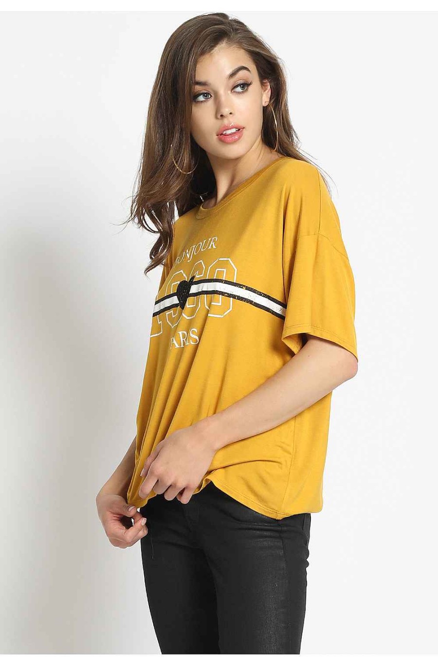 Women Sans Souci Short Sleeve Tops | Embellished Graphic Drop Shoulder Tee Mustard