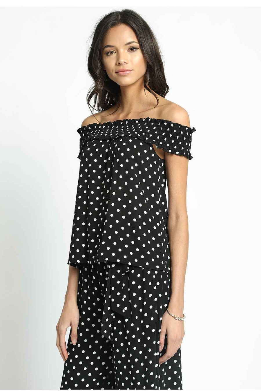 Women Sans Souci Off Shoulder Tops | Polka Dot Off Shoulder Top Black White