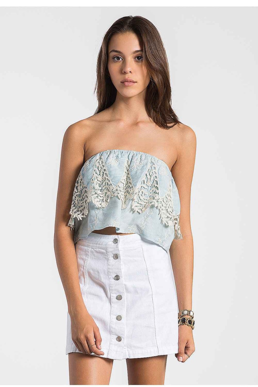 Women Sans Souci Sleeveless Tops | Embroidered Border Lace Tube Top Lt Blue