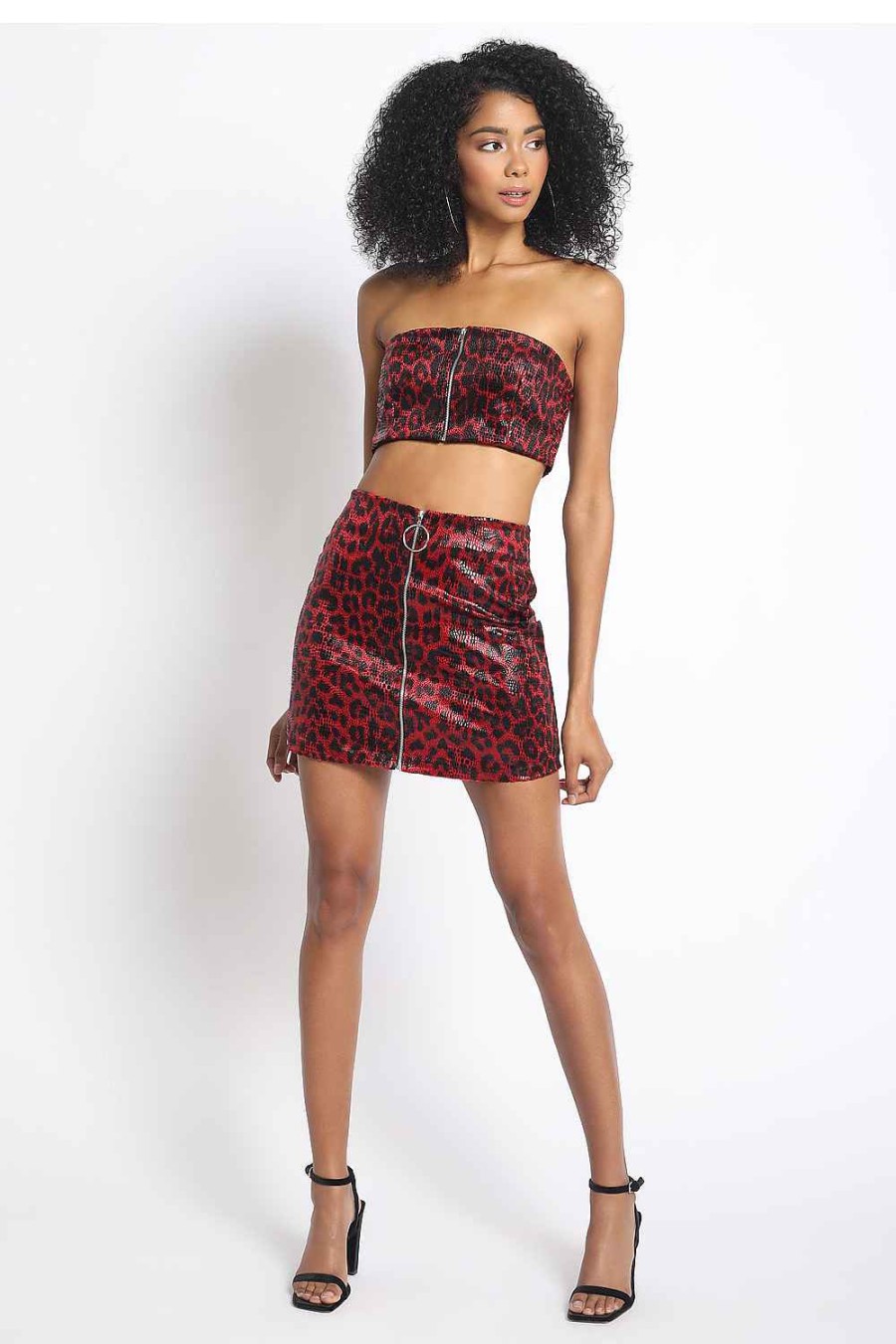 Women Sans Souci Crop Tops | Leopard Faux Leather Zip Up Bandeau Red Black