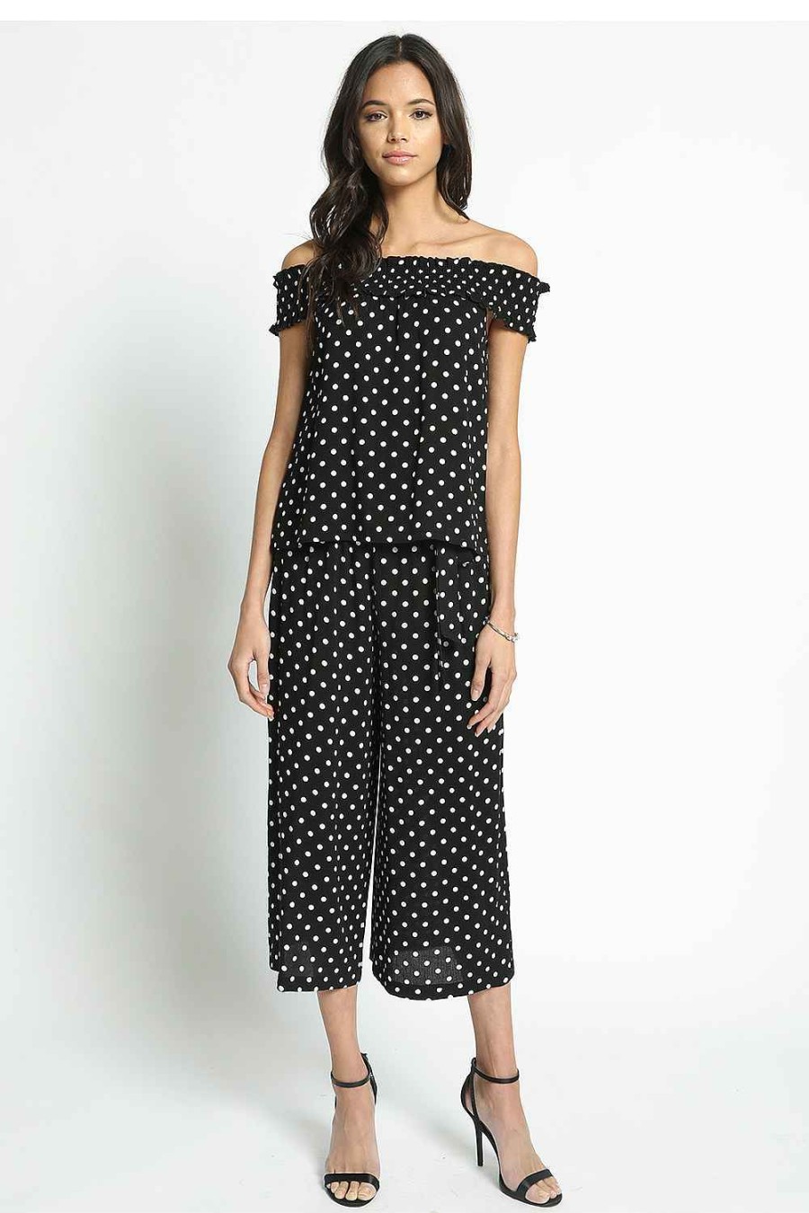 Women Sans Souci Strapless Tops | Polka Dot Off Shoulder Top Black White