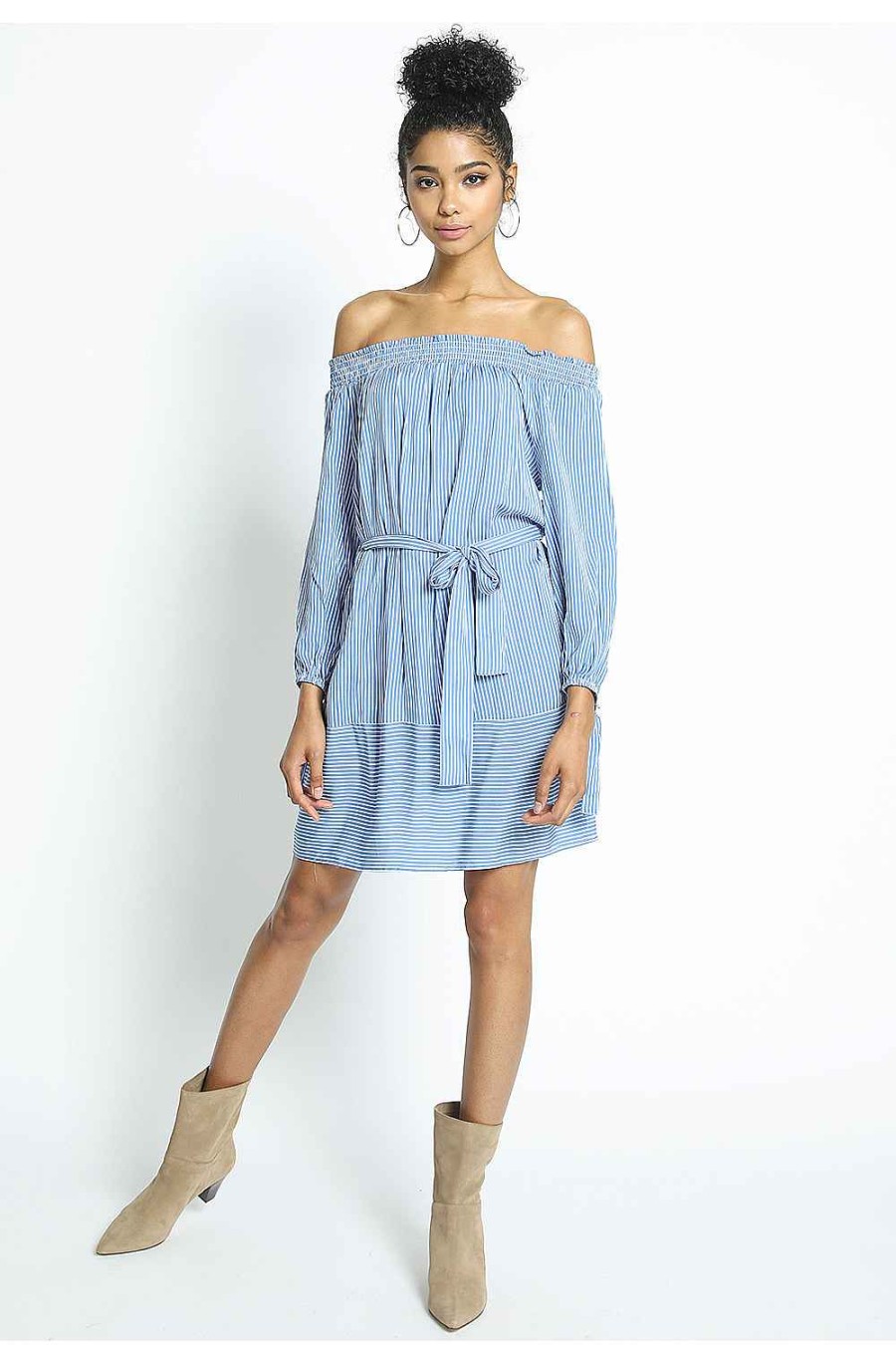 Women Sans Souci Mini Dresses | Rayon Stripe Off Shoulder Tie Waist Dress Blue