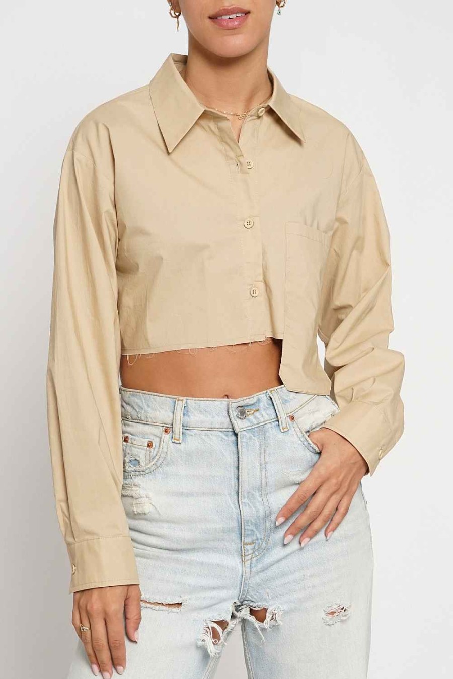 Women Sans Souci Crop Tops | Offset Pocket Crop Button Down Shirt