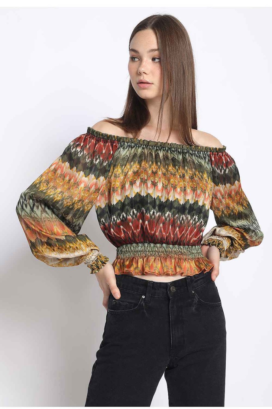 Women Sans Souci Off Shoulder Tops | Off Shoulder Peasant Top Green Multi