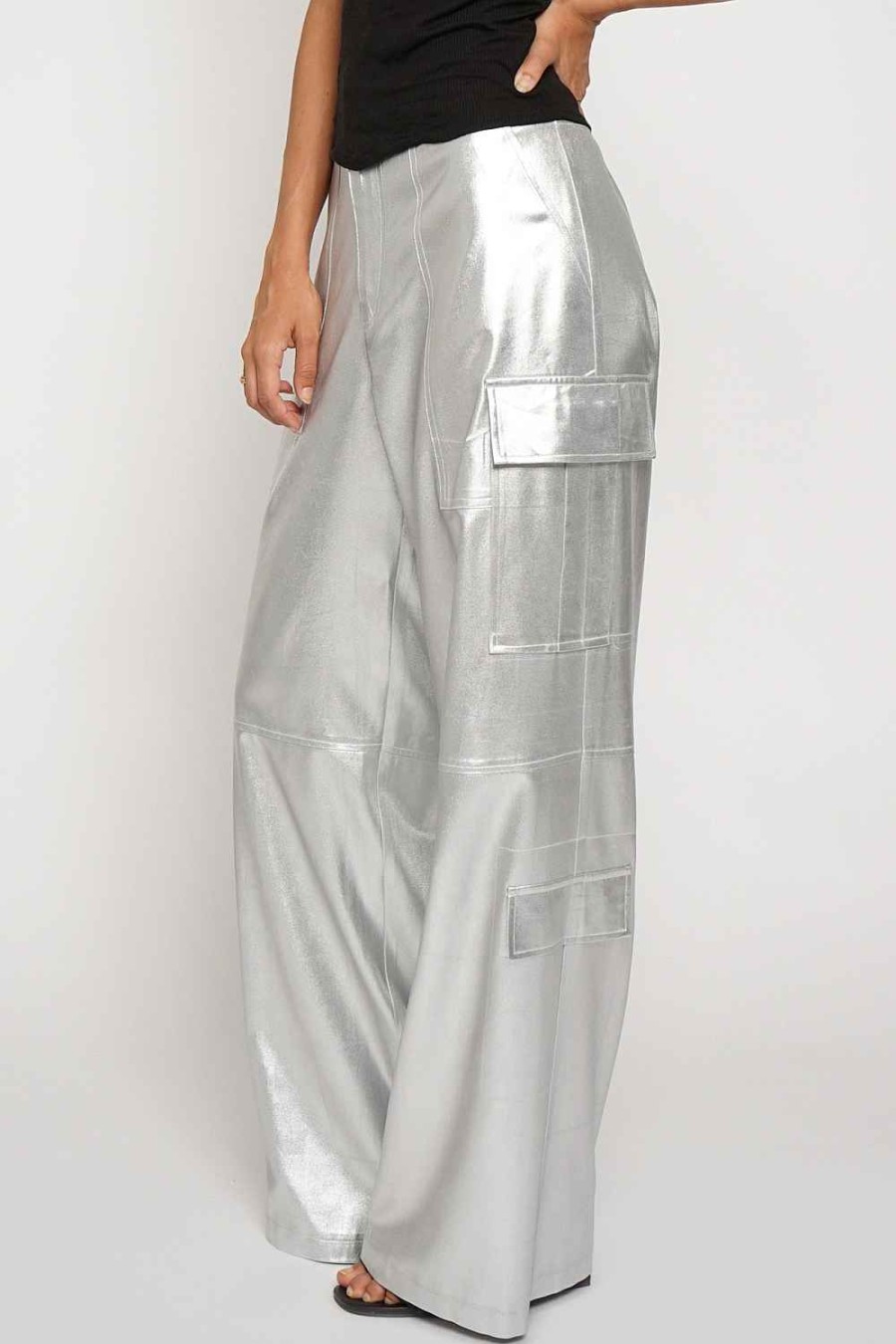 Women Sans Souci Pants | Metallic Cargo Pants Silver