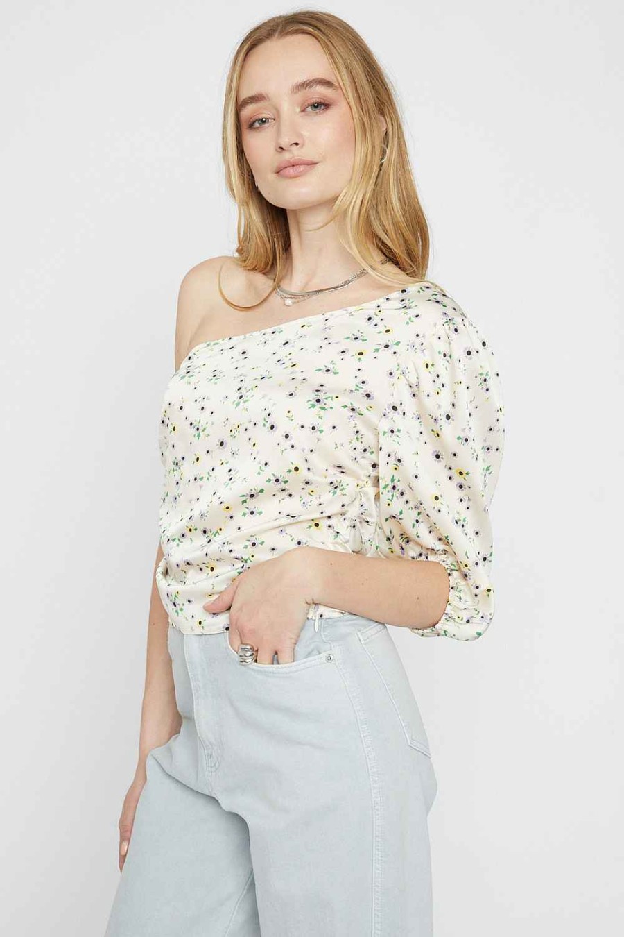 Women Sans Souci 1/2 Sleeve Tops | Floral One Shoulder Top Green