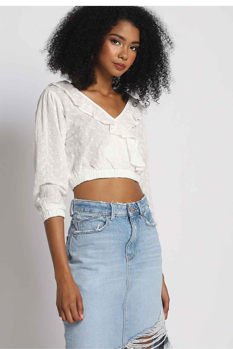 Women Sans Souci 3/4 Sleeve Tops | Surplice Ruffle Top White