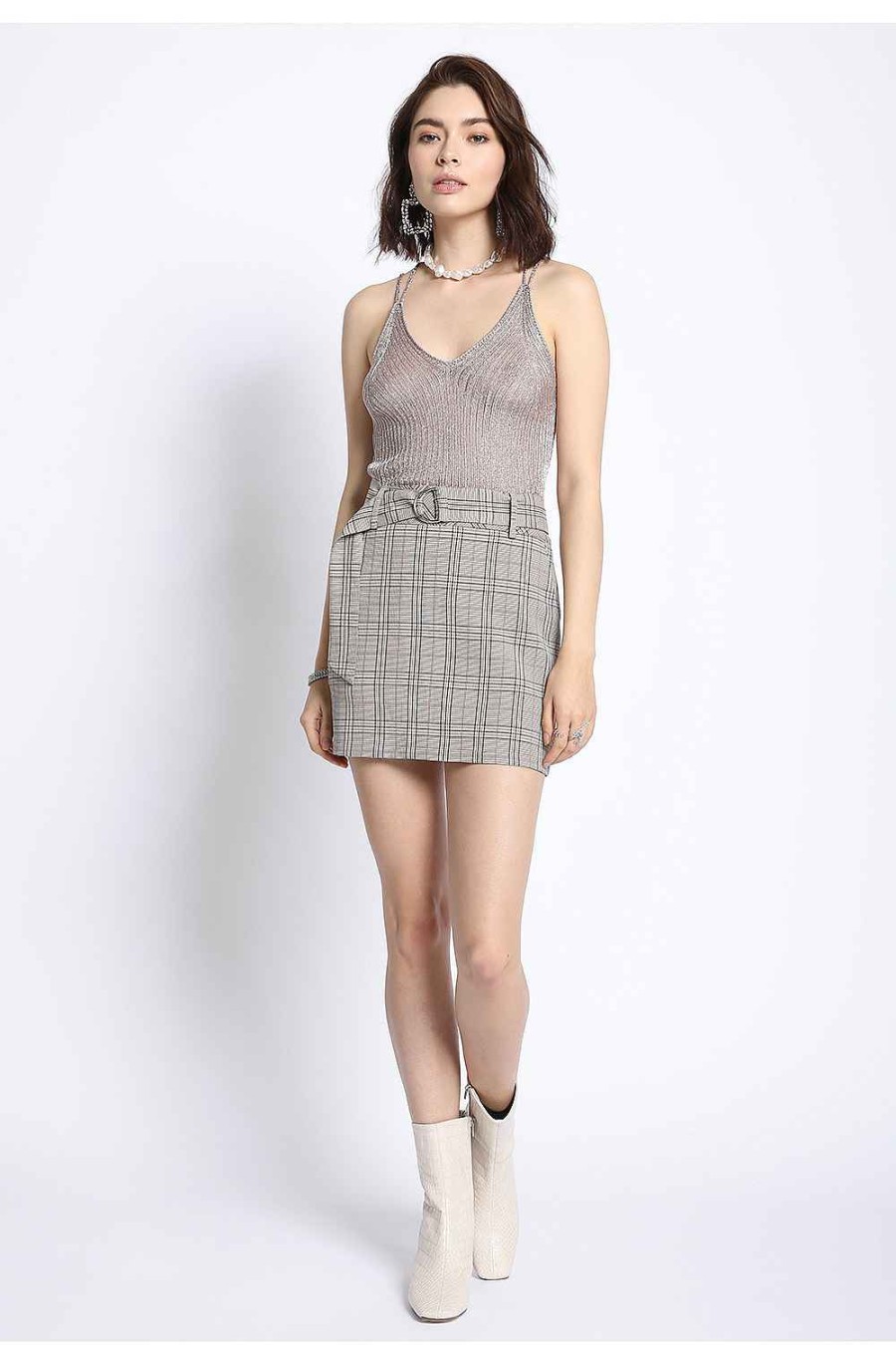 Women Sans Souci Skirts | Belted Plaid Mini Skirt Beige Mauve