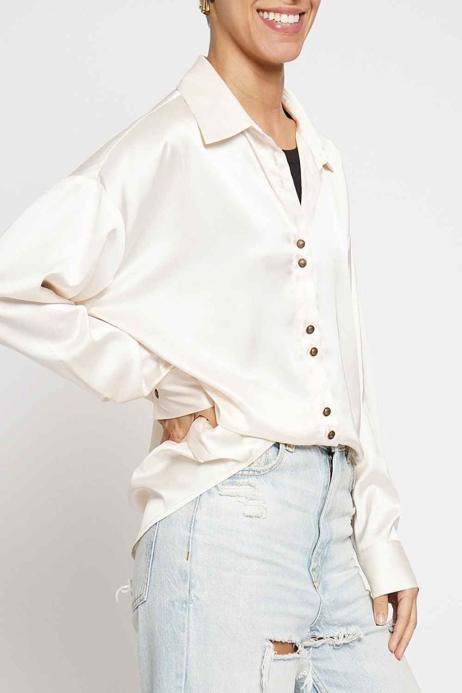 Women Sans Souci Shirts & T-Shirts | Satin Double Button Down Top