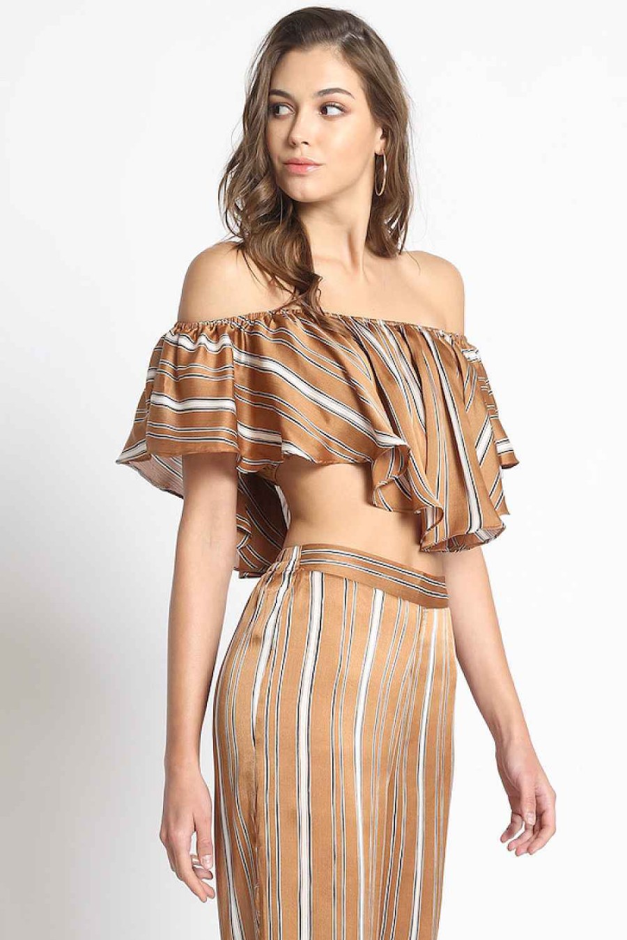 Women Sans Souci Off Shoulder Tops | Ruffle Stripe Off Shoulder Top Taupe