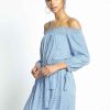 Women Sans Souci Mini Dresses | Rayon Stripe Off Shoulder Tie Waist Dress Blue