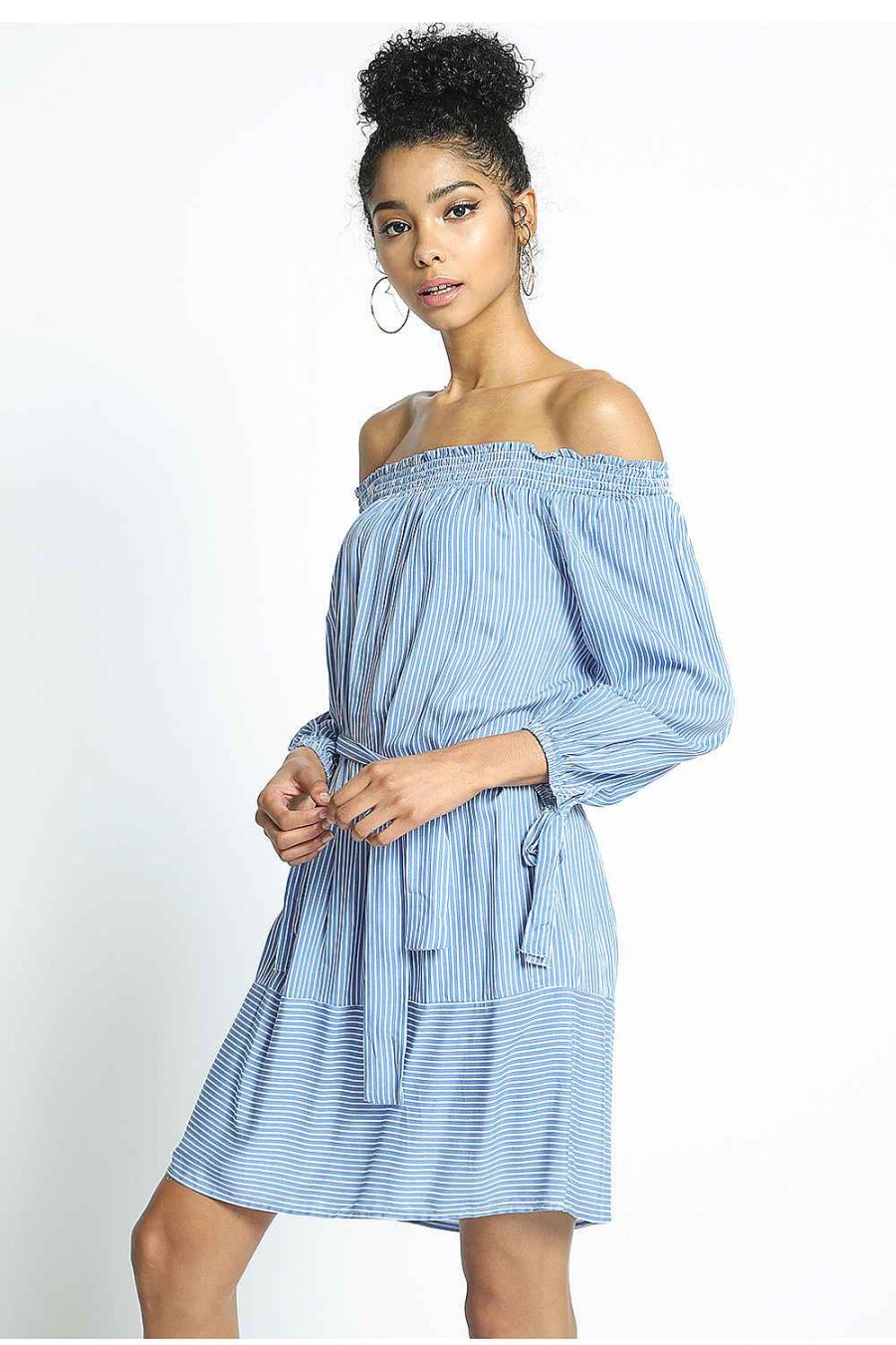 Women Sans Souci Mini Dresses | Rayon Stripe Off Shoulder Tie Waist Dress Blue